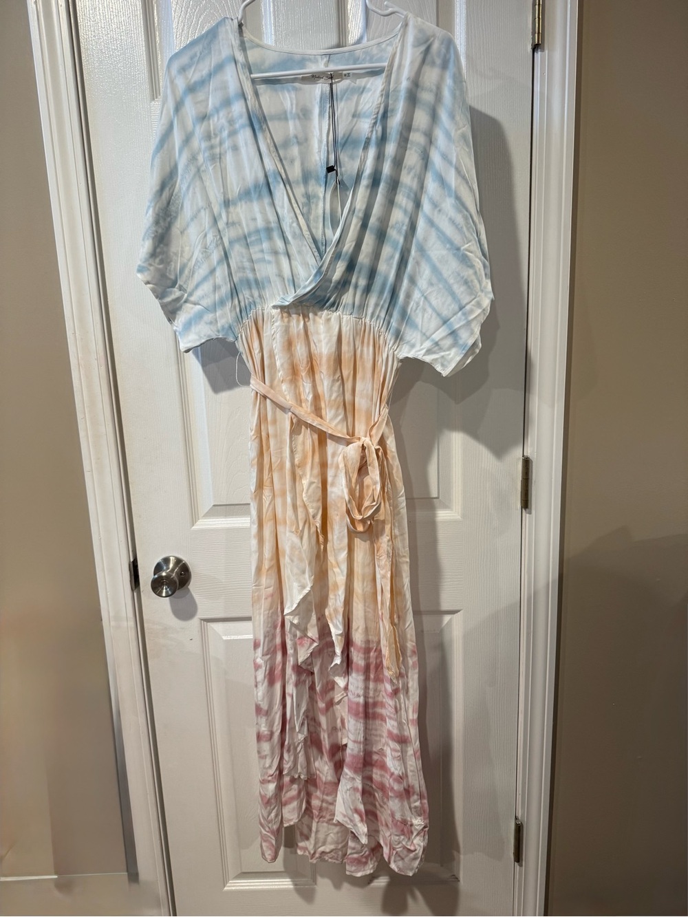 NWT Mustard Seed Tie-Dye Wrap Maxi Dress in Light Blue, Peach & Mauve